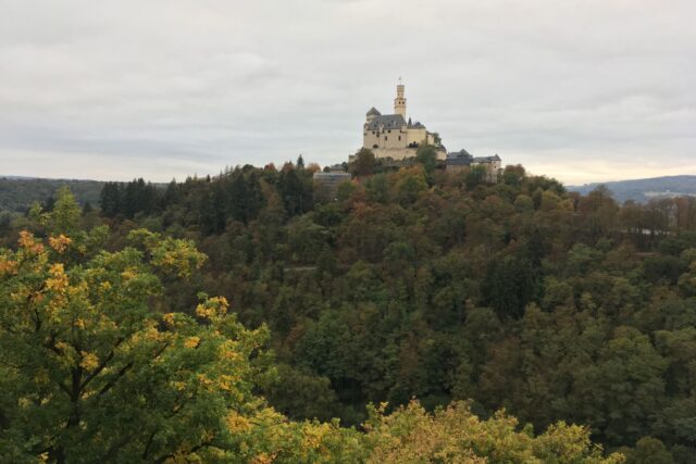 Castel medieval pe o colină împădurită, cu turnuri și ziduri de piatră luminate de soare